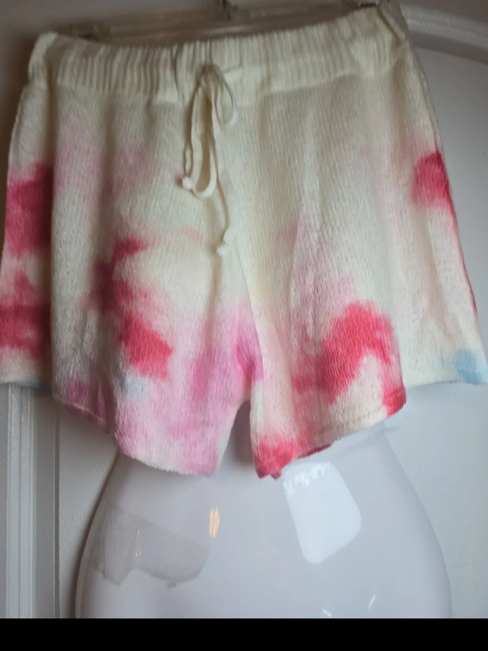 POL Cream Knit Tie-Dye Shorts with Pink Accent